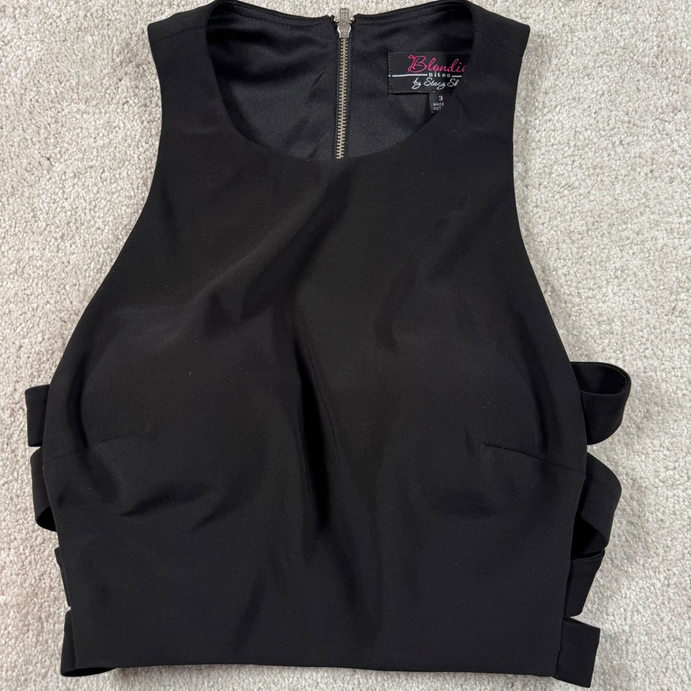 Blondie‎ Nites Stacy Sklar Black Strappy Cutout High Neck Crop Top Size 3 58057